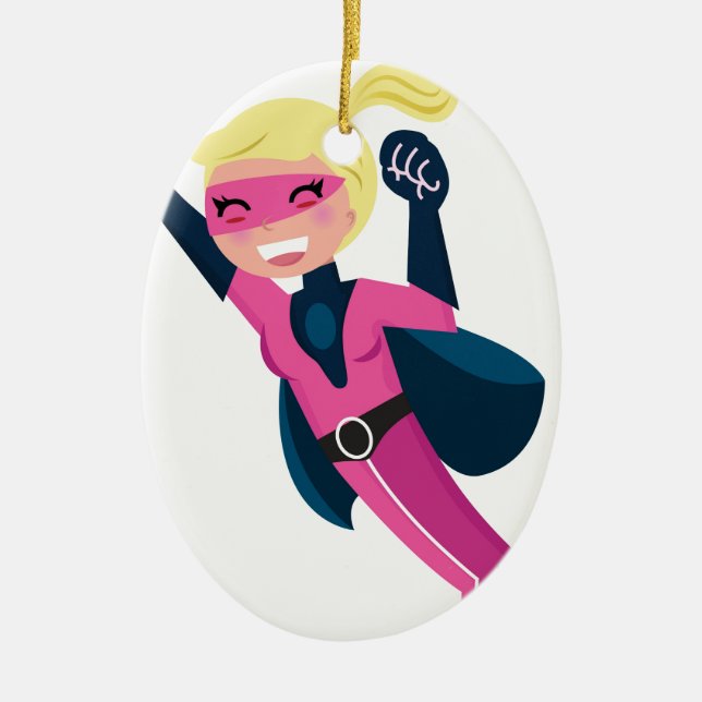 Superhero pink girl ceramic tree decoration (Front)
