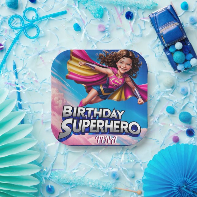 Superhero Power Girl Happy Birthday Paper Plate (Party)