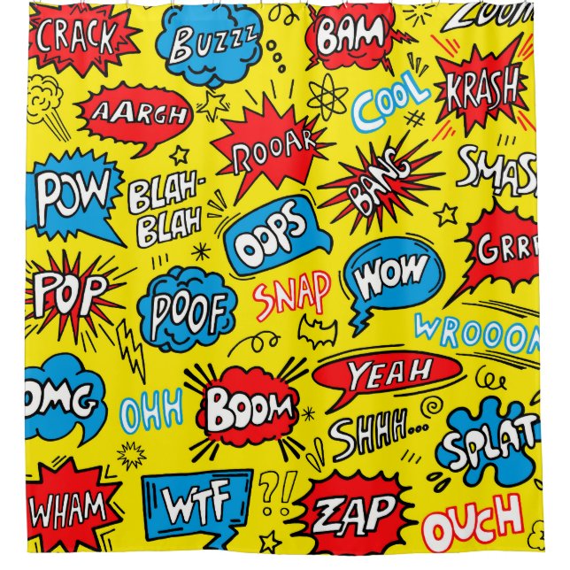 Superhero Saga: Cute Comic Patterns Shower Curtain (Front)