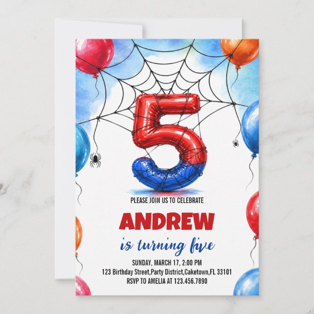 Superhero Spider Balloon Boy Birthday Invitation (Front)