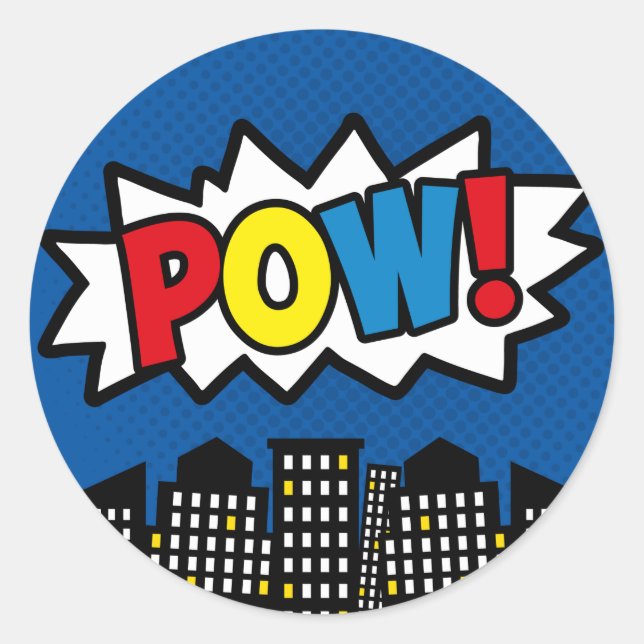 Superhero Stickers, Birthday Party Decor, BLUE Classic Round Sticker (Front)