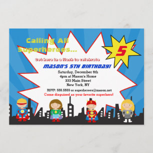 Superhero Super Hero Birthday Party Invitations