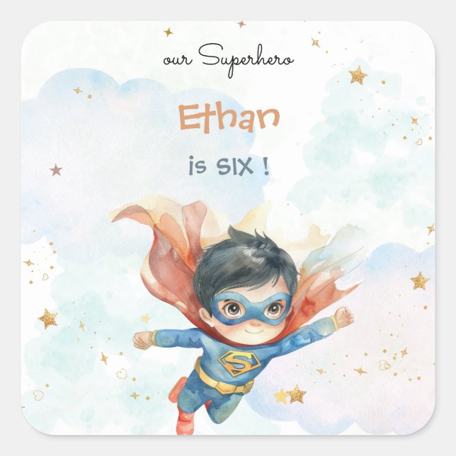 Superhero superboy kids birthday square sticker (Front)