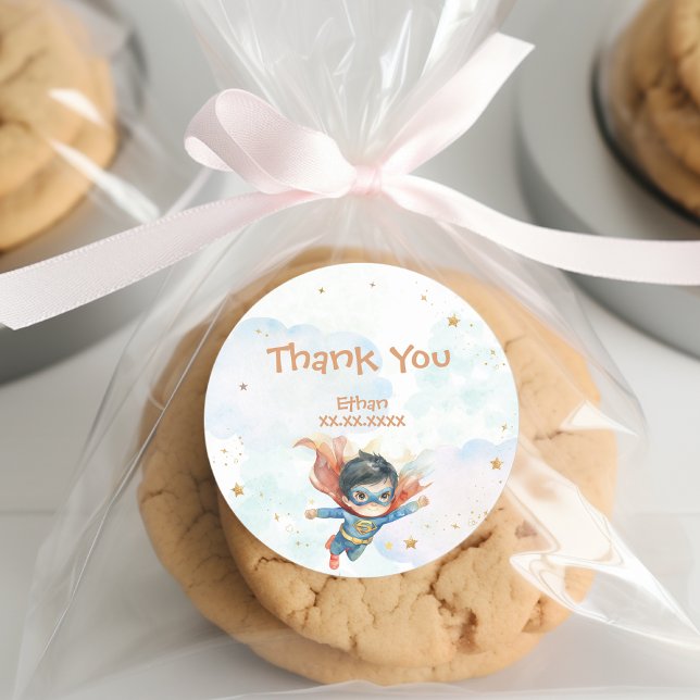 Superhero superboy kids birthday thank you classic round sticker (Creator Uploaded)