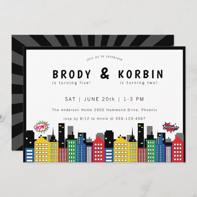 Superhero Theme Joint Birthday Invitation (Front/Back)