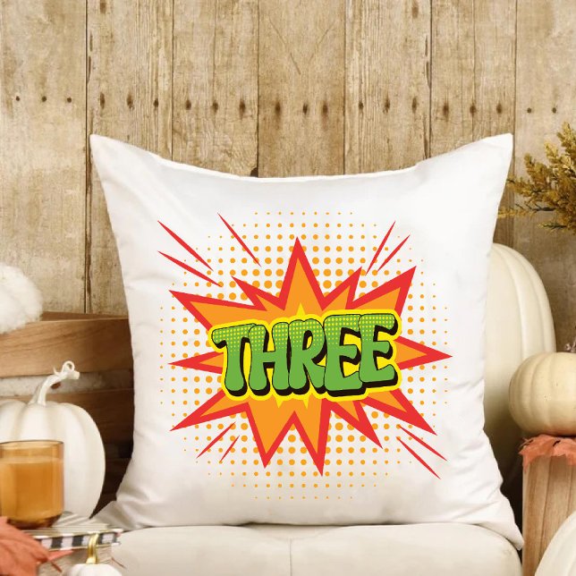 Superhero Theme Three year old kids Happy Birthday Cushion (Superhero Theme Three year old kids Happy Birthday Throw Pillow)