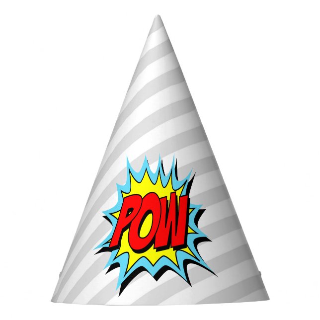Superhero Themed Pow - Grey Stripe Party Hat (Front)