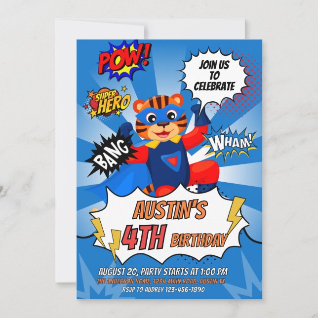 Superhero Tiger Birthday Party Invitation (Front)