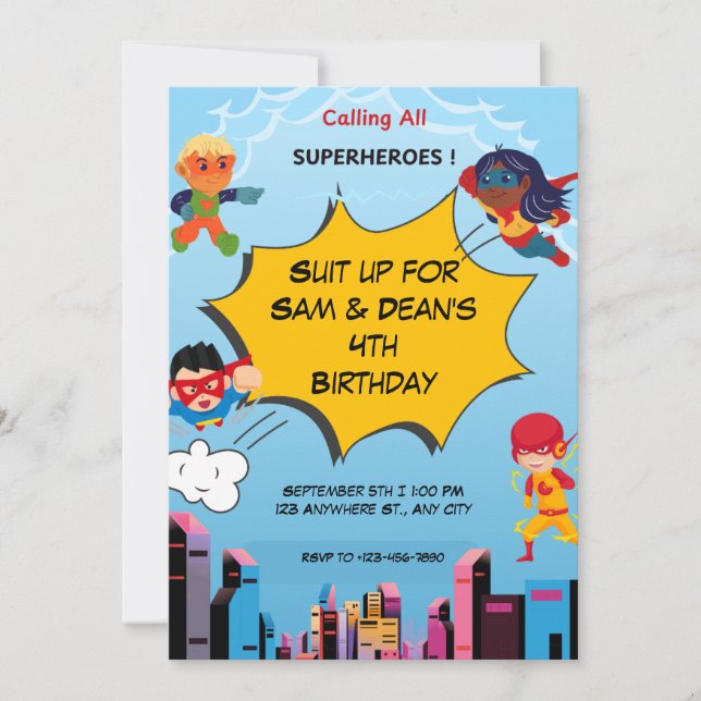 Superhero Twin 4th Birthday Party Invitation  (Front)