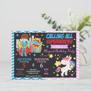 Superhero & Unicorn Joint Birthday Invitation