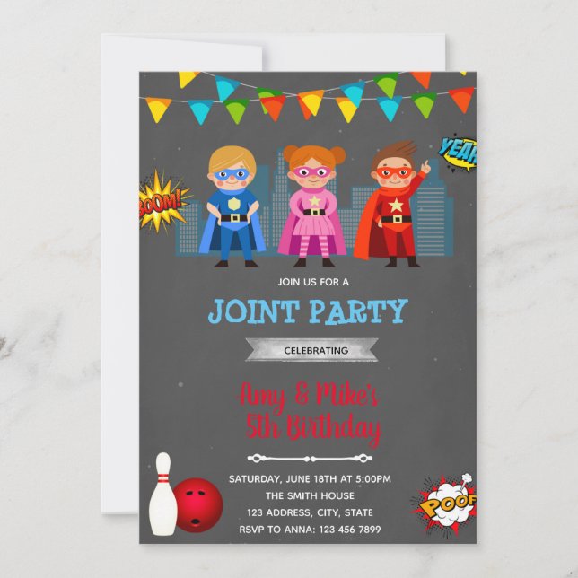 Superheroes bowling party invitation (Front)