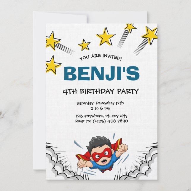 Superheroes kid's birthday party invitation (Front)