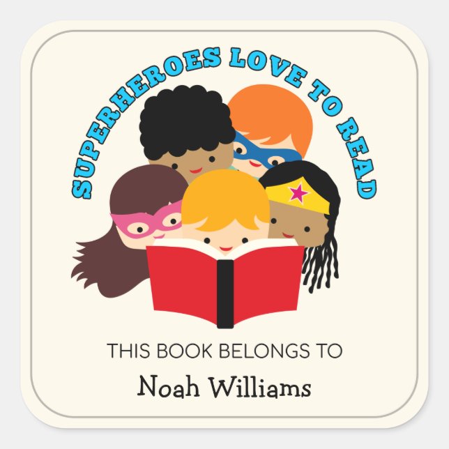 Superheroes Love to Read Personalised Bookplates Square Sticker (Front)