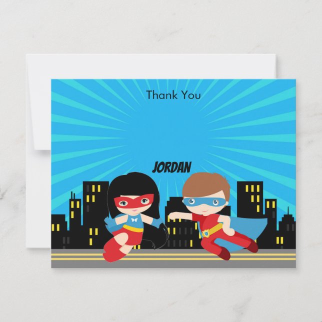 Superheroes Thank You Card Boy Girl Blue Sunburst (Front)