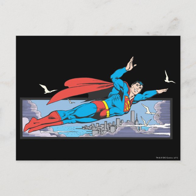 Superman Flies Thru City Postcard (Front)