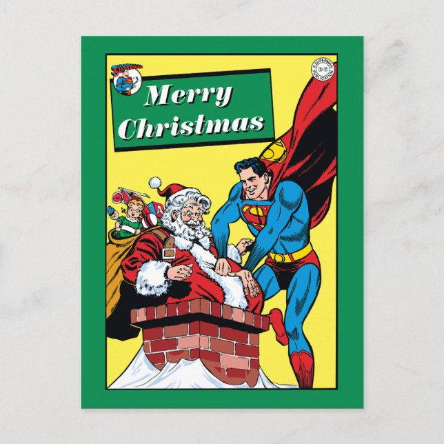 Superman Helping Santa Claus Down The Chimney Holiday Postcard (Front)