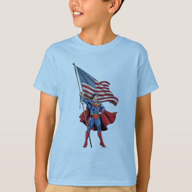 Superman Holding US Flag T-Shirt (Front)