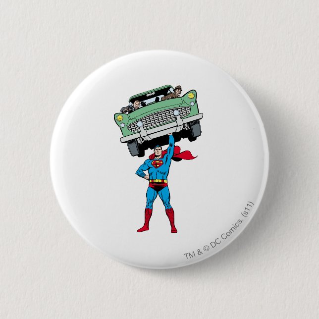 Superman holds a car 6 cm round badge (Front)