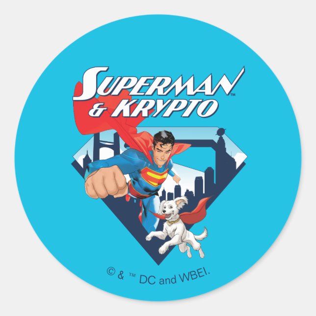 Superman & Krypto Soar Classic Round Sticker (Front)
