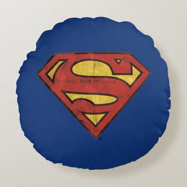 Superman S-Shield | Grunge Black Outline Logo Round Cushion (Front)