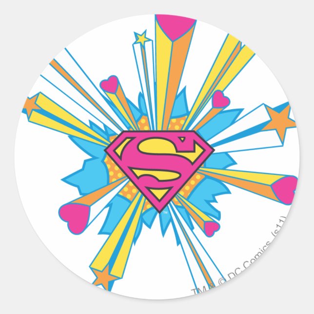 Superman Stylised | Pink with Hearts Logo Classic Round Sticker (Front)