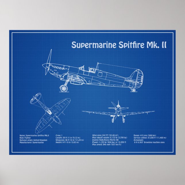 Supermarine Spitfire - Aeroplane Blueprint AD Poster (Front)