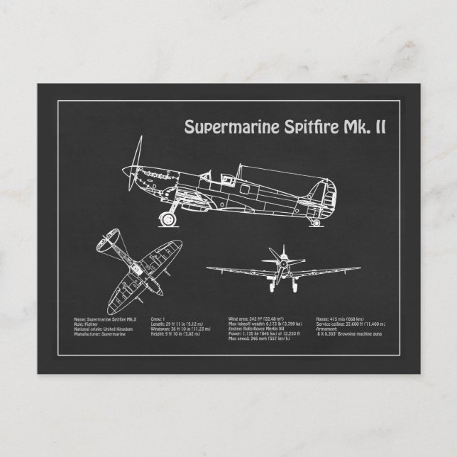 Supermarine Spitfire - Aeroplane Blueprint PD Postcard (Front)