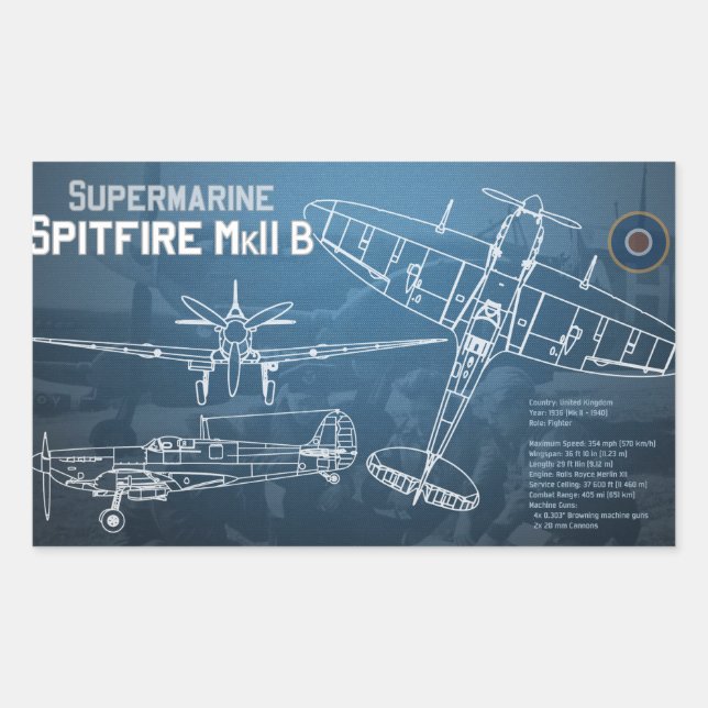 Supermarine Spitfire MK II Blueprint Rectangular Sticker (Front)