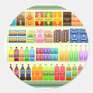 supermarket shelf products snacks classic round sticker