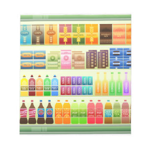 supermarket shelf products snacks notepad