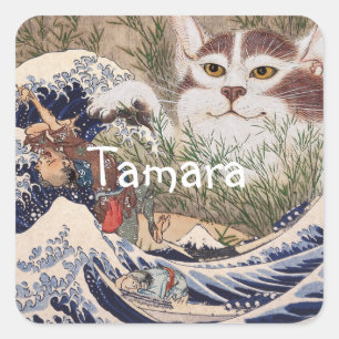 Supernatural Cat at the Great Wave Square Sticker