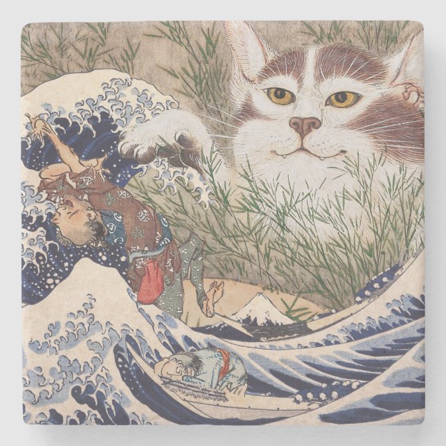 Supernatural Cat at the Great Wave Stone Coaster (Front)