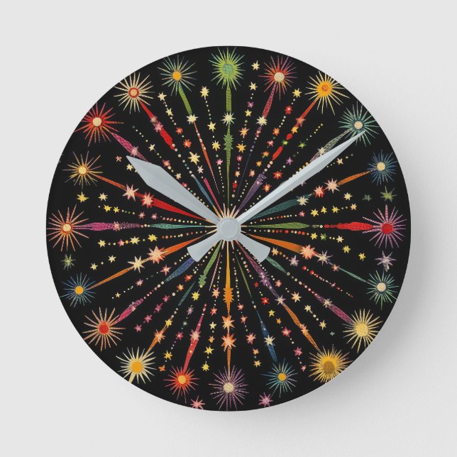 Supernova - Rainbow Stars Galaxy Black Retro Boho Round Clock (Front)