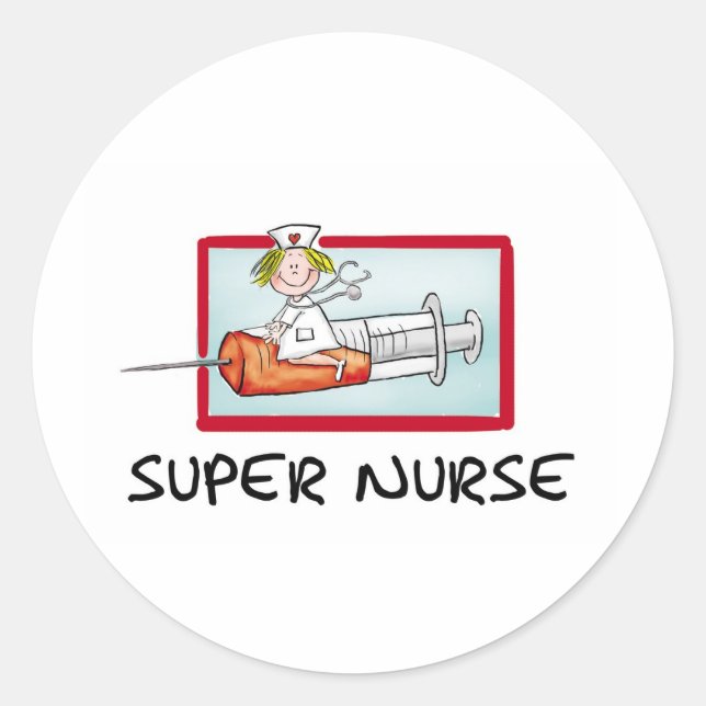 supernurse - Humourous Cartoon Nurse on Syringe. Classic Round Sticker (Front)