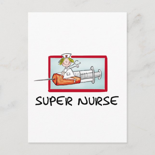 supernurse - Humourous Cartoon Nurse on Syringe. Postcard (Front)