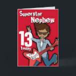 Superstar Son 11th birthday grey boy card<br><div class="desc">This card read Superstar Nephew 13 today. Inside: Happy Birthday or you can customise with your own words. Fun red dark hair boy playing his electric guitar card with original art and designed by Sarah Trett for www.mylittleeden.com</div>