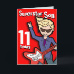 Superstar Son 11th birthday red blonde boy card<br><div class="desc">This card says "Superstar Son 11 today. Inside: "Happy Birthday". Or customise with your own words. Fun card designed by exclusively by Sarah Trett.</div>