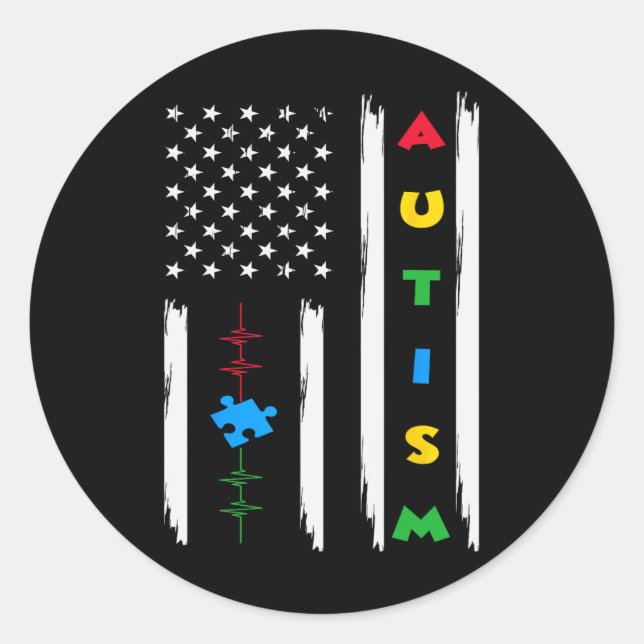 Support Autism Awareness American Flag Puzzle And  Classic Round Sticker (Front)