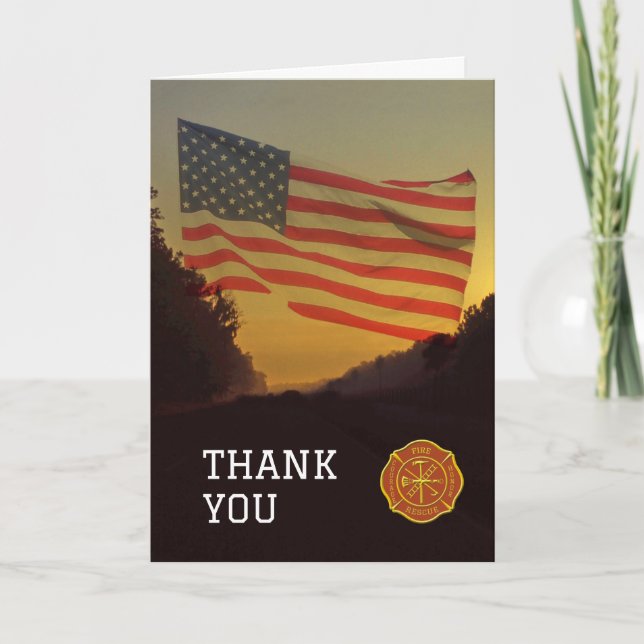Support Firefighters showing Flag and Emblem Thank You Card (Front)