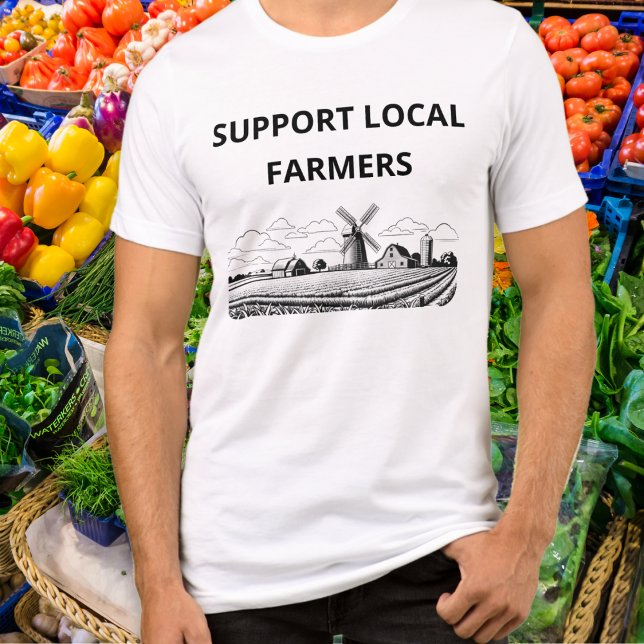 Support Local Farmers Arable Farm Windmill Farming Tri-Blend Shirt (A t-shirt with 'Support Local Farmers' caption and line art arable farm picture with windmill)