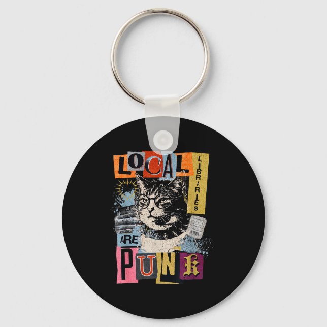 Support local library funny cat reading book y2k key ring (Front)