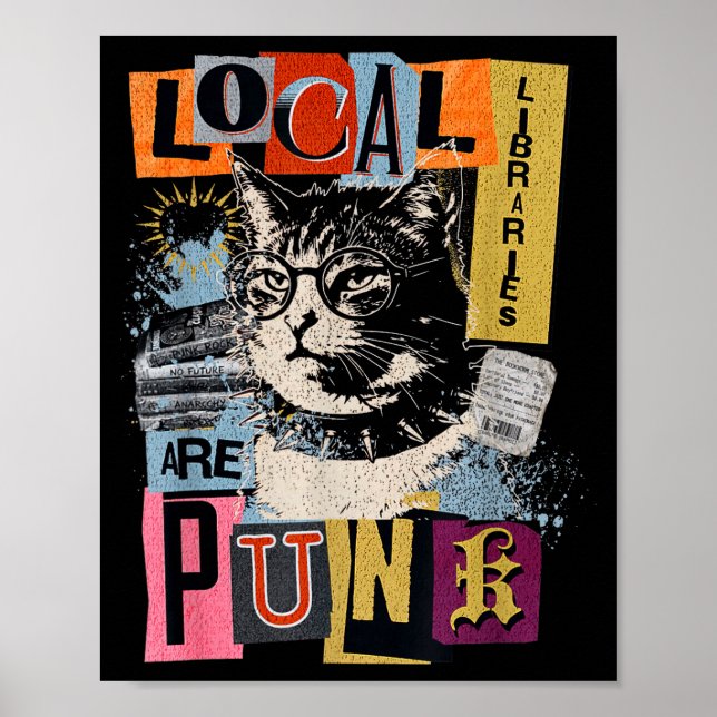 Support local library funny cat reading book y2k poster (Front)