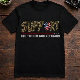 Support Our Troops And Veterans Camo Flag Heart T-Shirt
