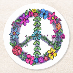Support Peace Sign Anti-War Flowers Round Paper Coaster