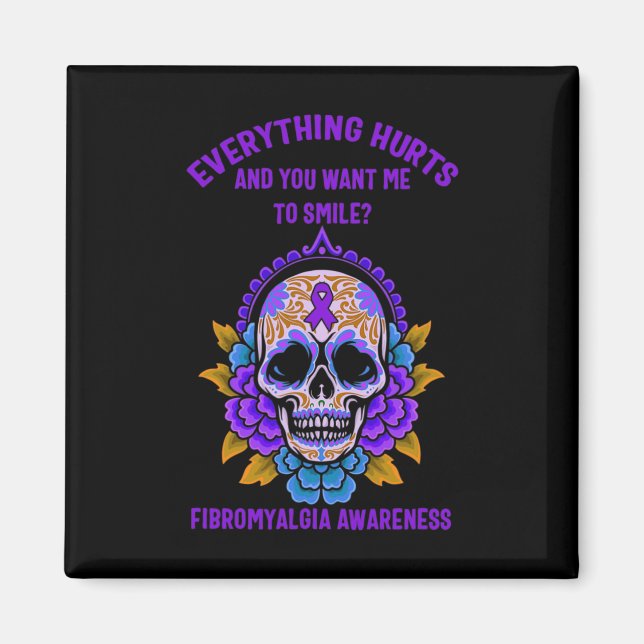 Support Purple Ribbon Fibromyalgia Awareness Skull Magnet (Front)
