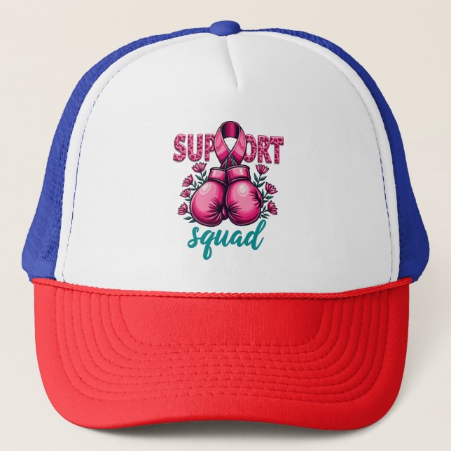 Support Squad Breast Cancer Awareness Gloves Box Trucker Hat (Front)