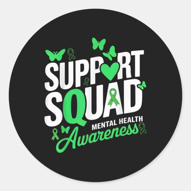 Support Squad Butterfly Green Ribbon Mental Health Classic Round Sticker (Front)