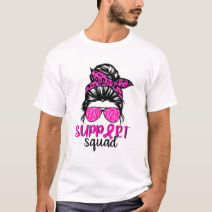 Support Squad Messy Bun Leopard Pink Breast Cancer T-Shirt