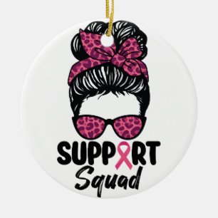 Support Squad Messy Bun Pink Warrior Breast Cancer Ceramic Tree Decoration