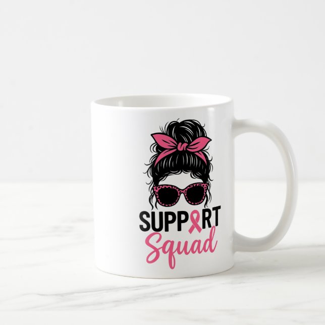 Support Squad Messy Bun Pink Warrior Breast Cancer Coffee Mug (Right)